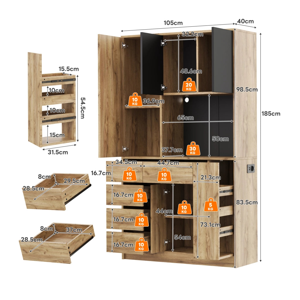 Credenza da cucina 185 x 105 x 40 cm in MDF; nero e naturale; con LED e prese