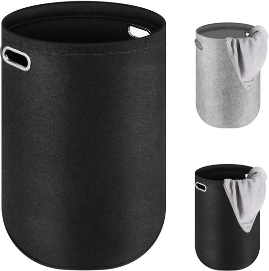 Wastino in plastica nera, raccoglitore di panni in plastica vilata, cestino di raccolta di panni pieghevole, raccoglitore di panni a forma rotonda con maniglie, grande contenitore di stoccaggio [80L/nero]