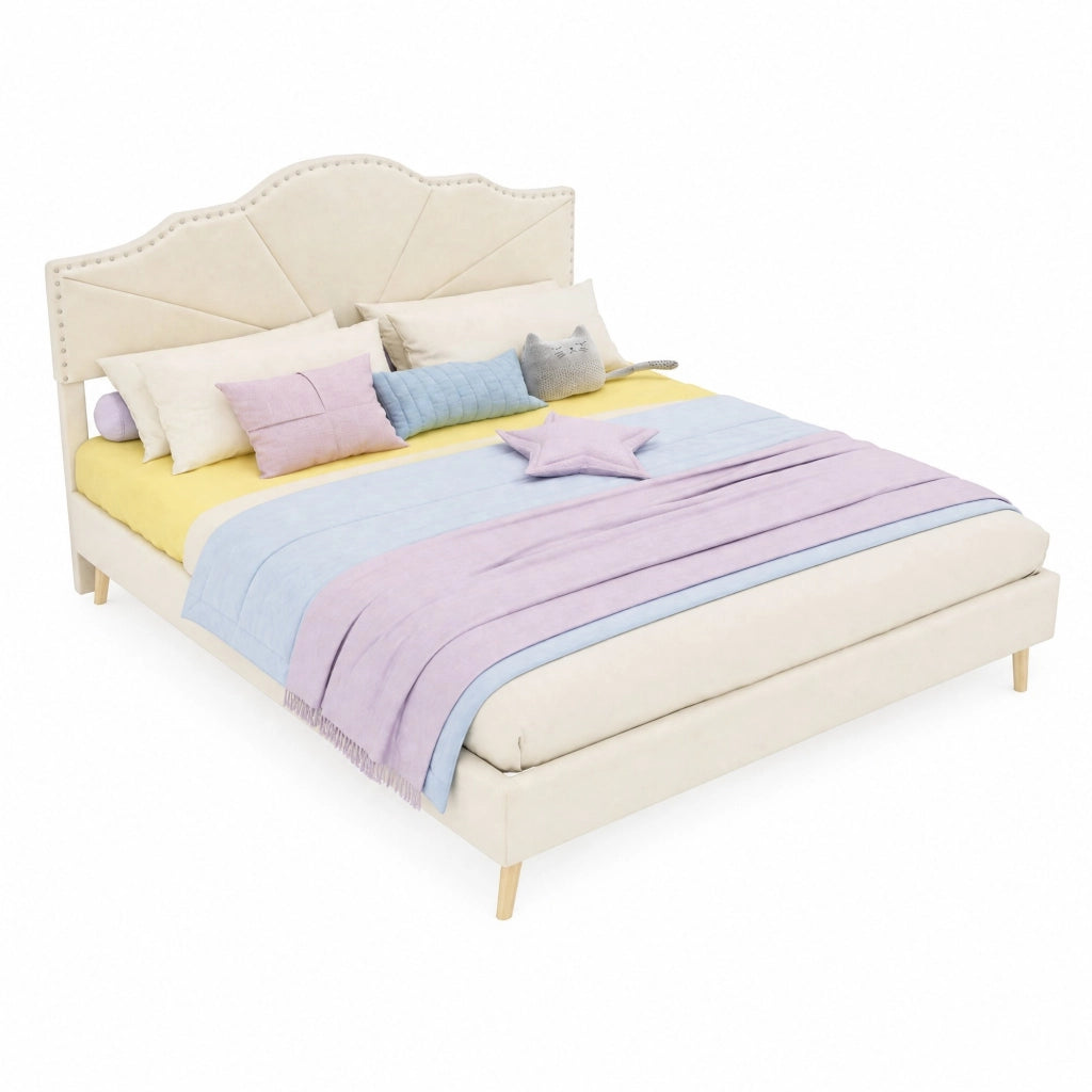 Letto imbottito con testiera geometrica 160 x 200 cm; rivestimento beige