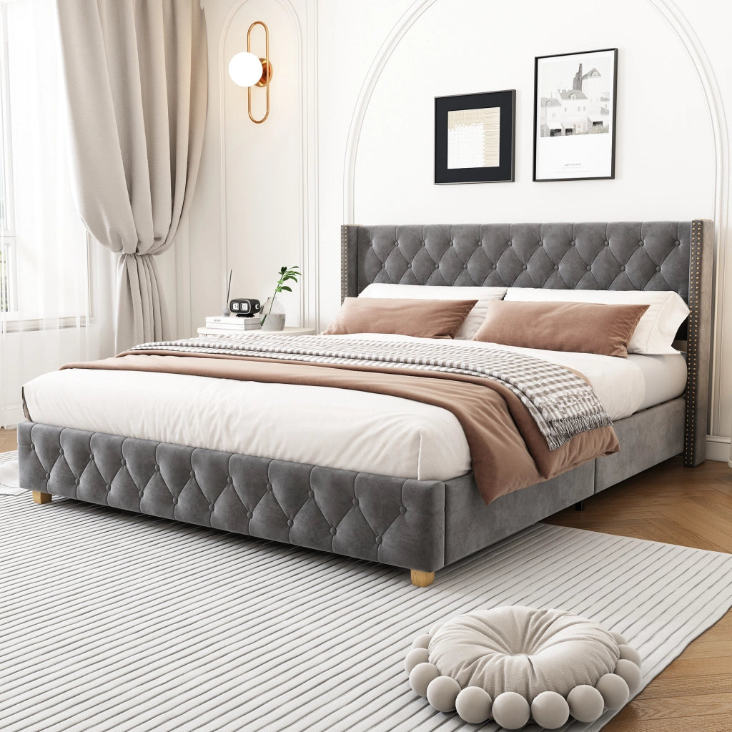 Letto Adulto 160×200 cm; Matrimoniale con Testiera Trapuntata e Borchie; senza Materasso; Velluto Grigio