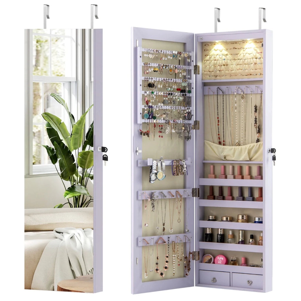 Mobile portagioielli con specchio e luce LED 120 x 36 x 10 cm pratico e moderno in MDF viola 20_0010324