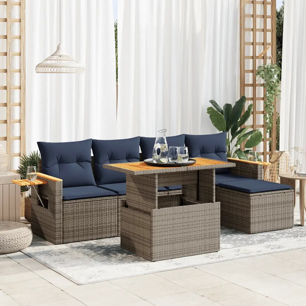 Set Divano da Giardino 6pz con Cuscini Grigio Polyrattan Acacia