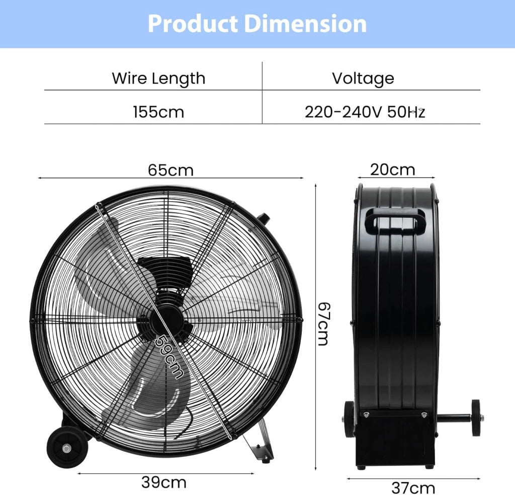 Ventilatori da Pavimento, 3 Velocità di Vento Regolabili, Ventilatore Industriale in Metallo, 2 Ruote in Gomma, per Magazzino, Officina, Cantina, Ufficio, Ø60 CM (Nero)
