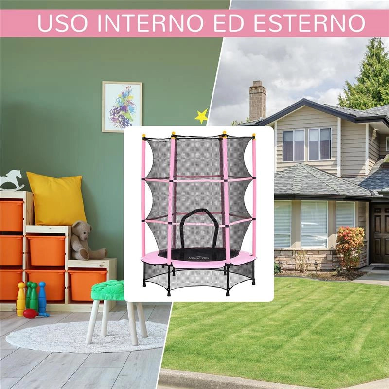 TAPPETO ELASTICO PER BAMBINI CON RETE DI SICUREZZA E PALI IMBOTTITI ETÀ 3-10 ANNI Ø 140 X 190 CM ROSA