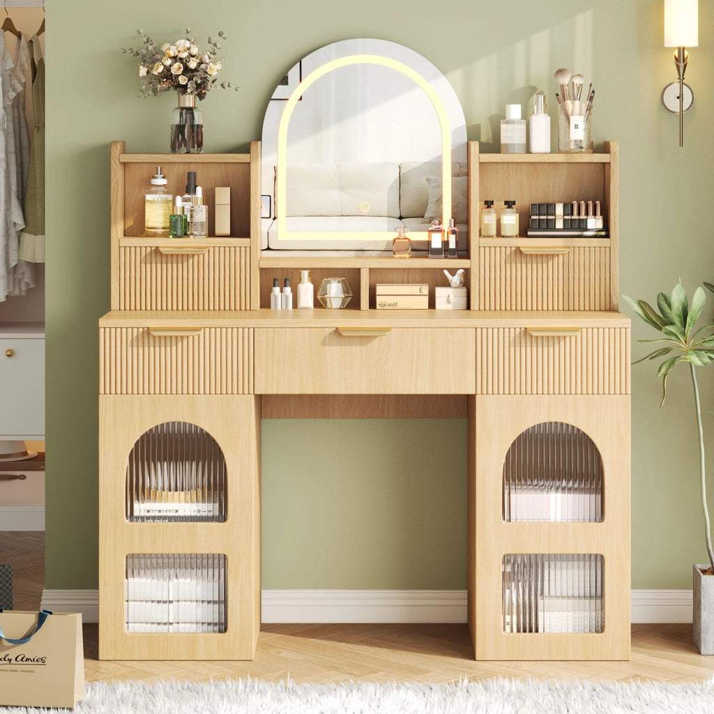 Scrivania Toeletta con Specchio e LED ¨C MINIMAL ¨C Legno, 3 Cassetti, 120x40x139