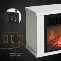 Camino Elettrico da Terra con Effetto Fiamma, Potenza Regolabile 600/1200W, Copertura 10-15m², Bianco