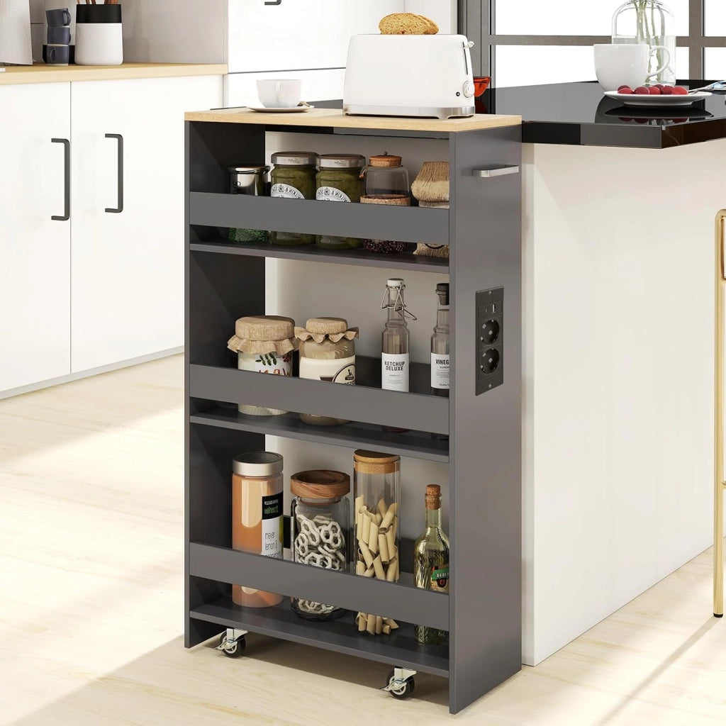 Scaffale per Nicchia da 20 cm di Larghezza, con Base di Ricarica, 4 Piani in Legno su Ruote, Scaffale Sottile per Cucina e Bagno, Carrello a Rotelle (Naturale+Grigio, Largo 20cm, con presa)