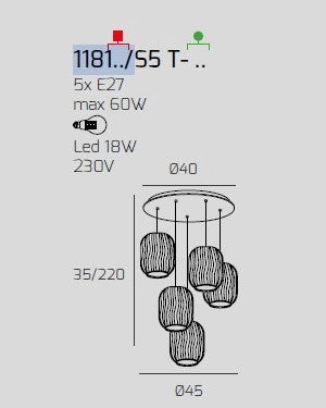SOSPENSIONE OTTONE SATINATO 5 LUCI TONDA VETRI 2X TR + 3X BF 1181OS-S5 T-BT