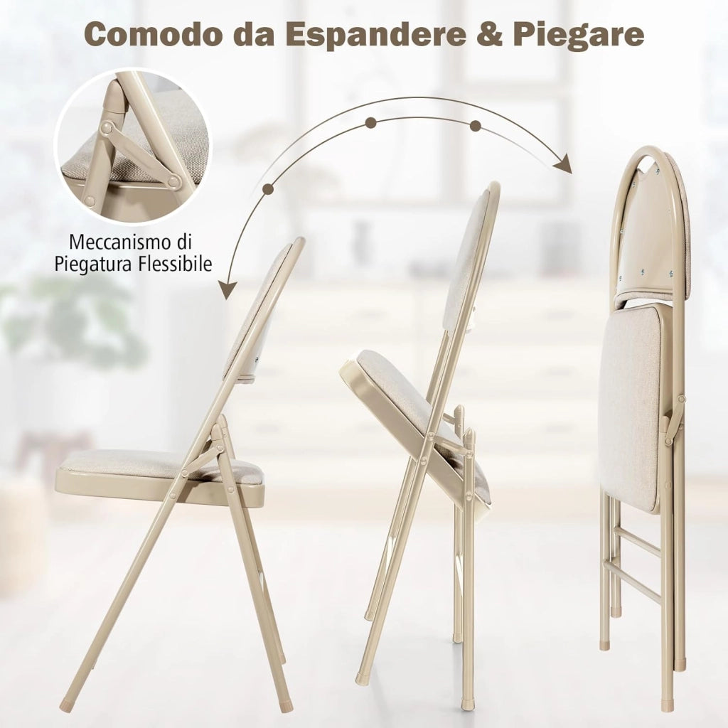 Set di 4 Sedie Pieghevoli, Sedie da Pranzo con Seduta Imbottita e Schienale Rivestito in Tessuto, con Gambe in Metallo, Sedia Portatile per Soggioro, Ufficio, Portata 120 kg (Beige)