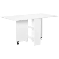 Tavolo Pieghevole Salvaspazio, 2 Ripiani Inferiori in Legno,  Tavolo Richiudibile Salvaspazio, con Ruote per 6 Persone, 75P x 140l x 74H cm, Bianco