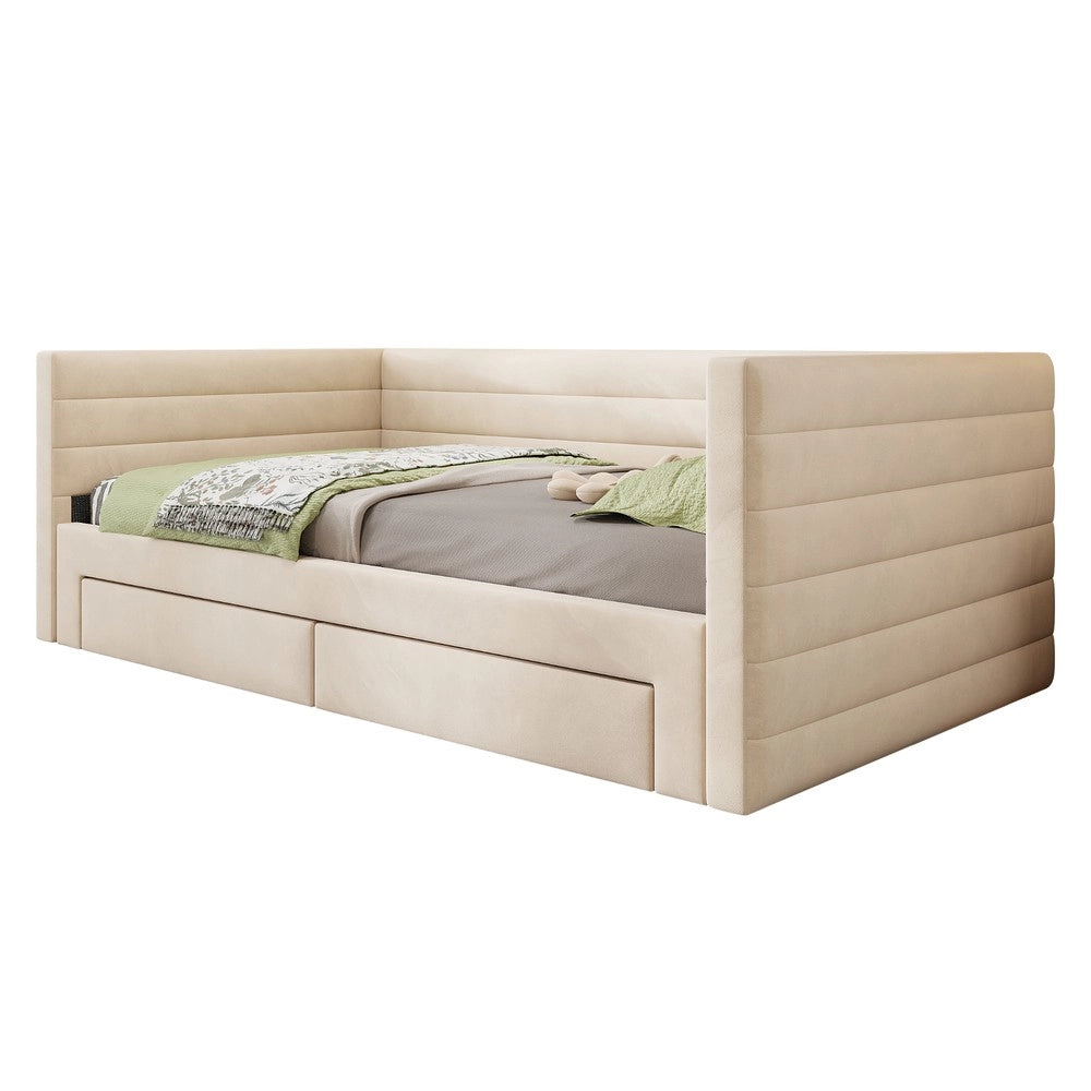 Letto Imbottito Estraibile 3 in 1 con Cassetti e Rete a Doghe ¨C Xylo ¨C Beige, 90x190, Cotone e Lino