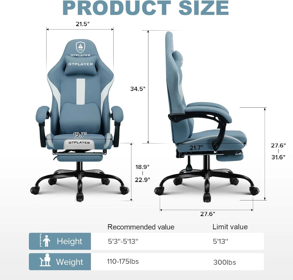 Sedia da gioco, sedia da ufficio traspirante in tessuto di alta qualità, sedia ergonomica PC, regolabile e girevole con poggiapiedi, blu