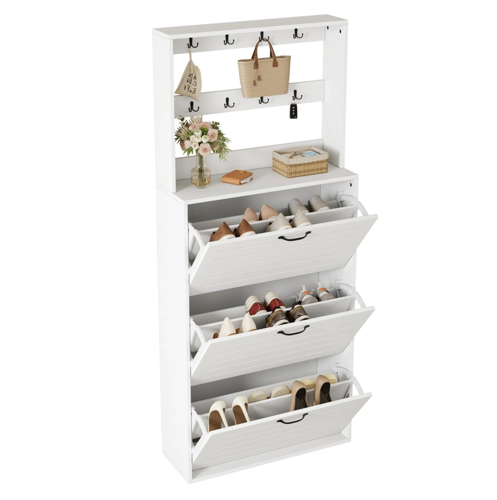 Scarpiera 70x25x165 cm con 8 ganci e 3 ripiani per scarpe in truciolato
