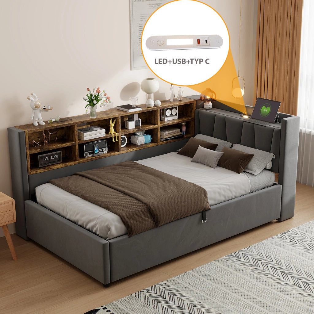 LETTO Polsterbett 90x200 cm in velluto grigio con testiera multifunzione e contenitore