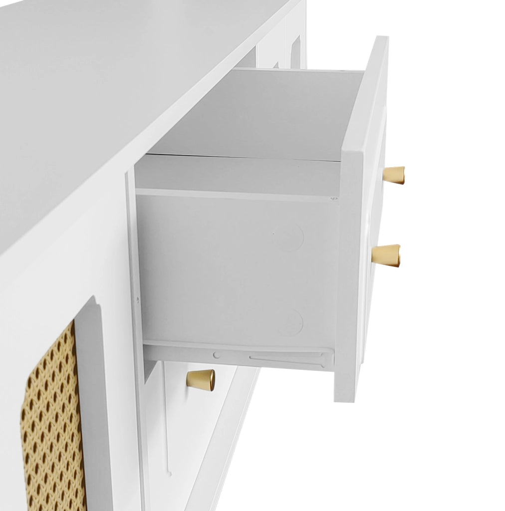 Mobile TV con 4 Ante in Rattan PVC e 2 Cassetti Push-to-Open; Piedini Metallo Dorati; in Pannello Truciolare; Bianco; 175¡Á38¡Á55;5 cm