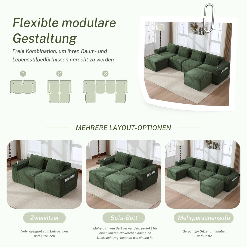 Divano modulare 4 posti con portabicchieri e tasche laterali in tessuto a coste verde 330 × 162 × 75 cm