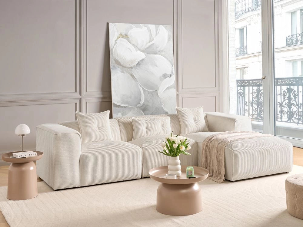 Divano Angolare Bianco Crema Velluto A Coste 3 Posti Cuscini Extra Dispersi versione sinistra stile Moderno