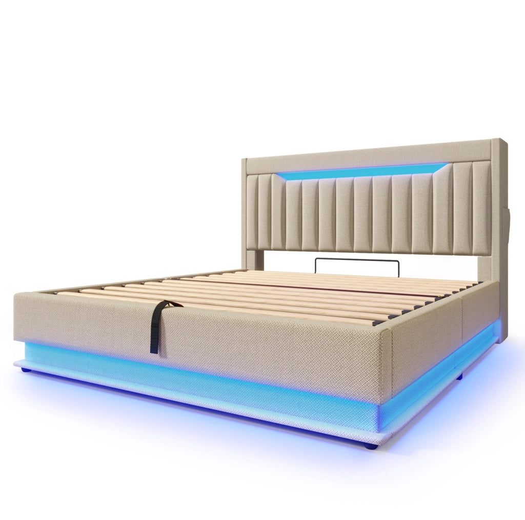 Letto matrimoniale 180x200 cm con LED; ricarica USB e Type-C; contenitore idraulico; beige in lino