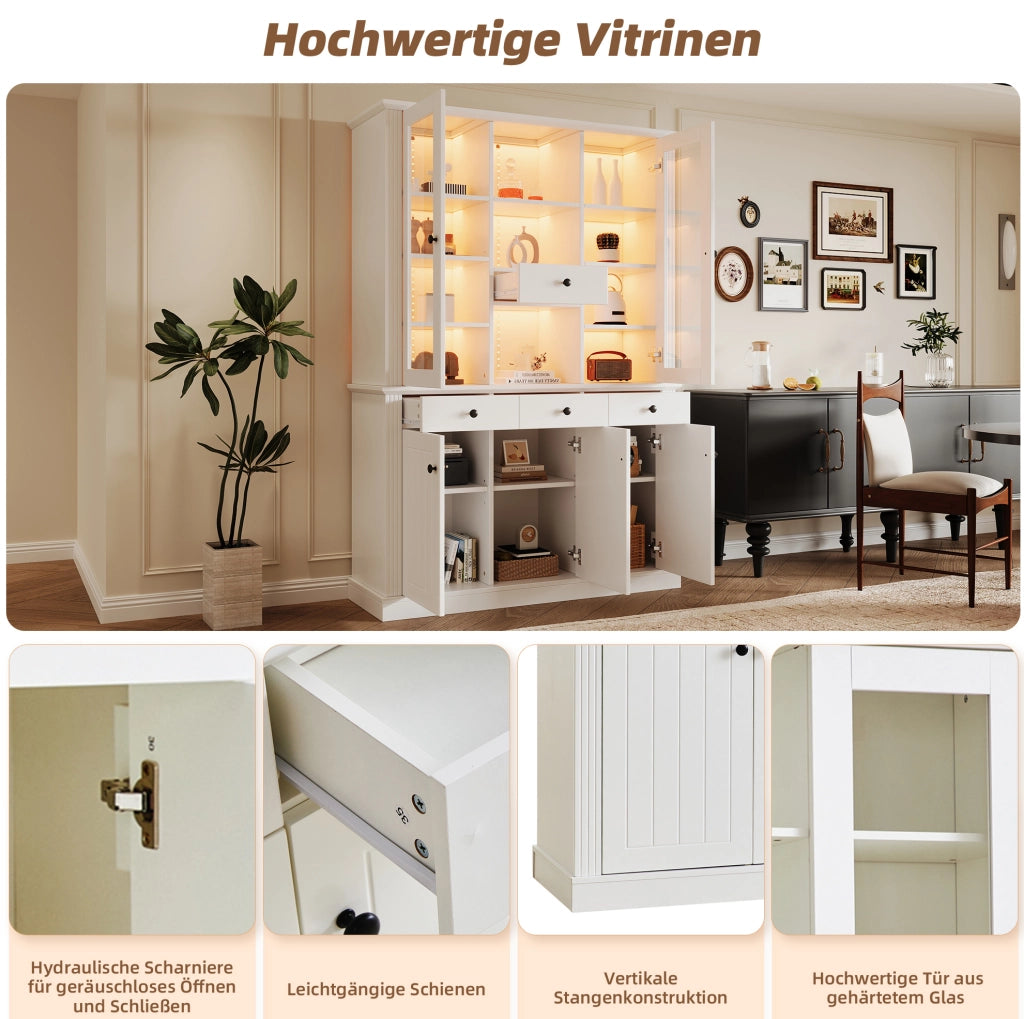Vetrina alta con LED 119;5 x 40 x 180 cm in MDF e vetro temperato bianco