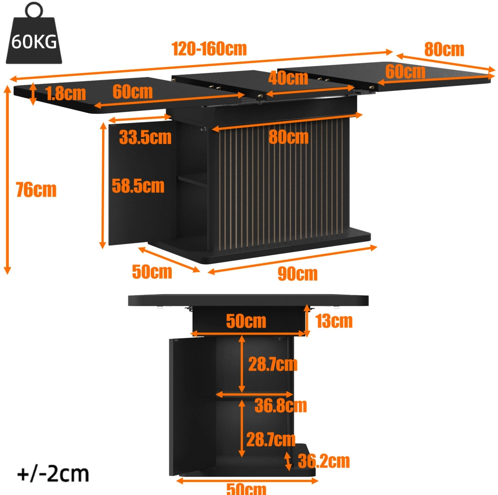 Tavolo da pranzo allungabile 120-160 cm con contenitore; MDF e metallo; nero