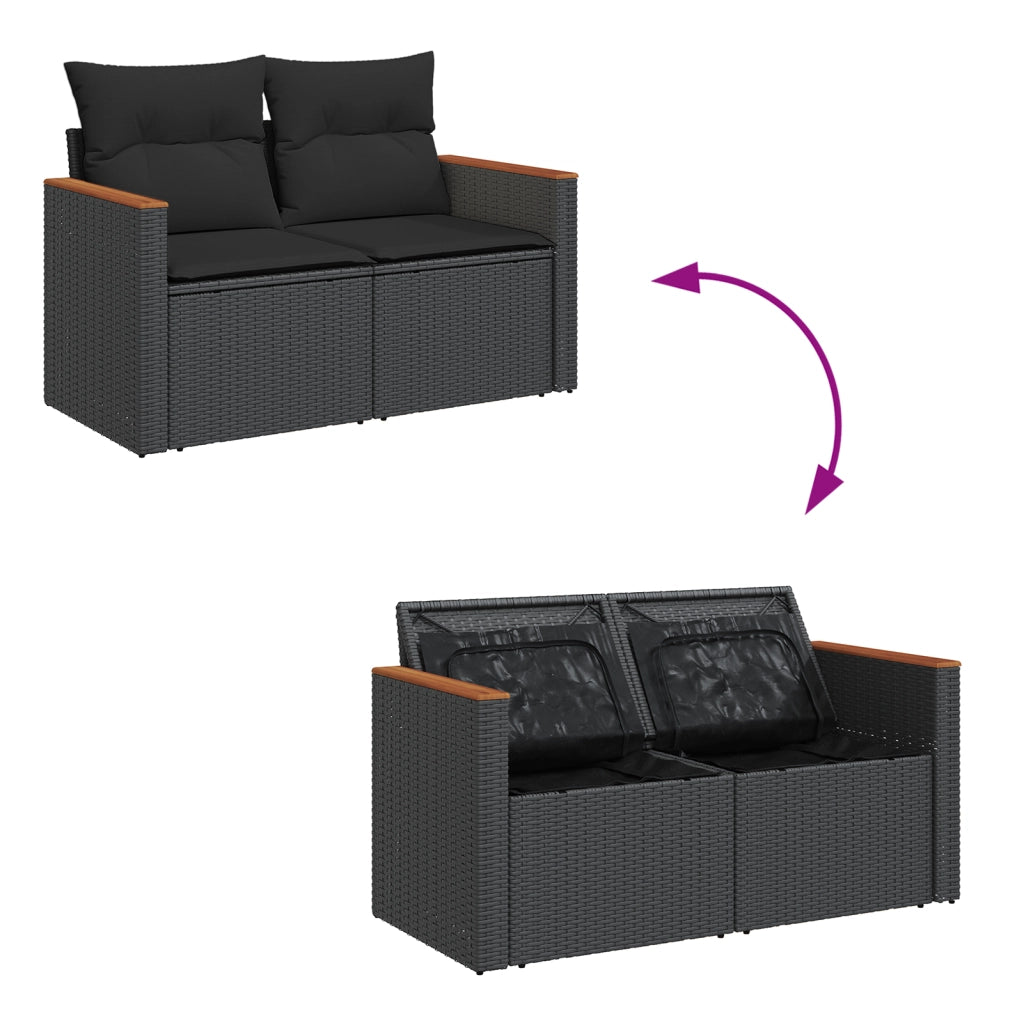 Set divani da giardino 13 pezzi con cuscini neri in polyrattan e acacia