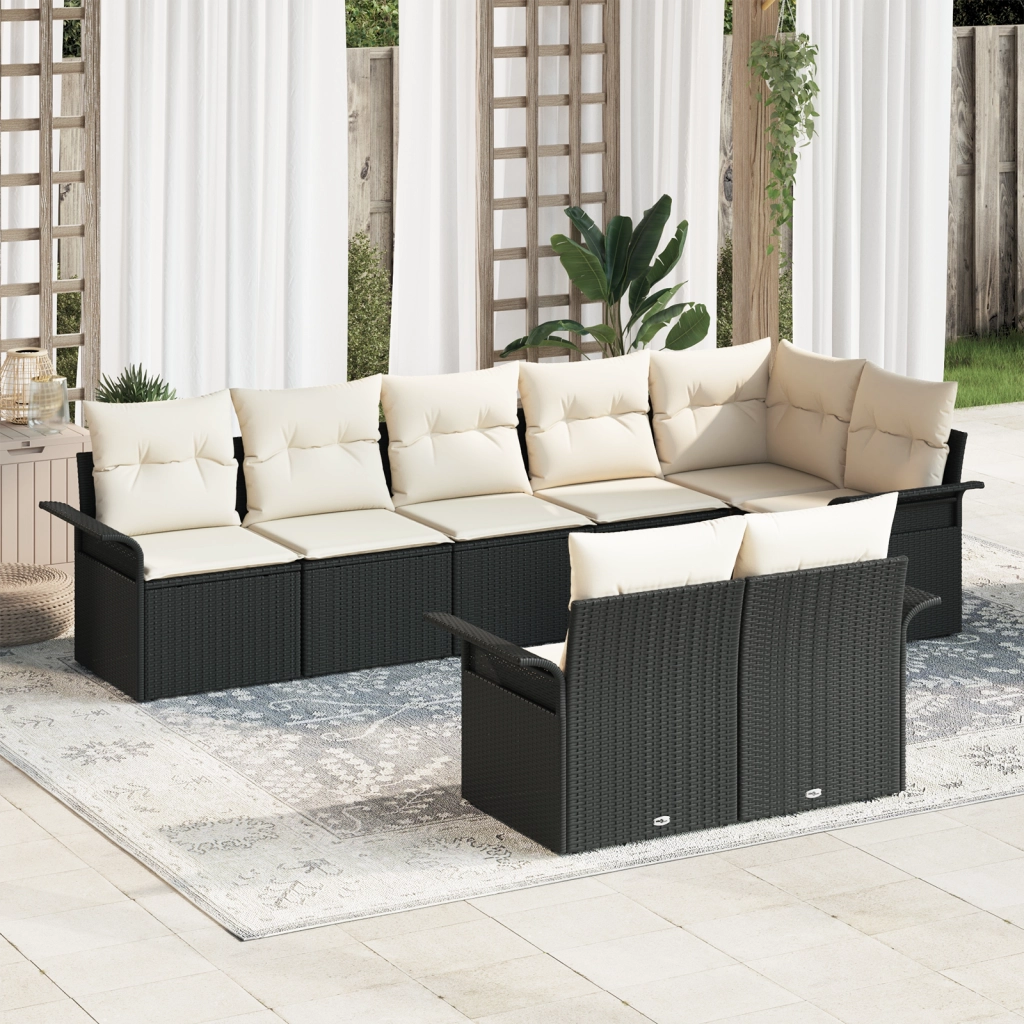 Set Divano da Giardino a 8 Pezzi con Cuscini Nero Polyrattan