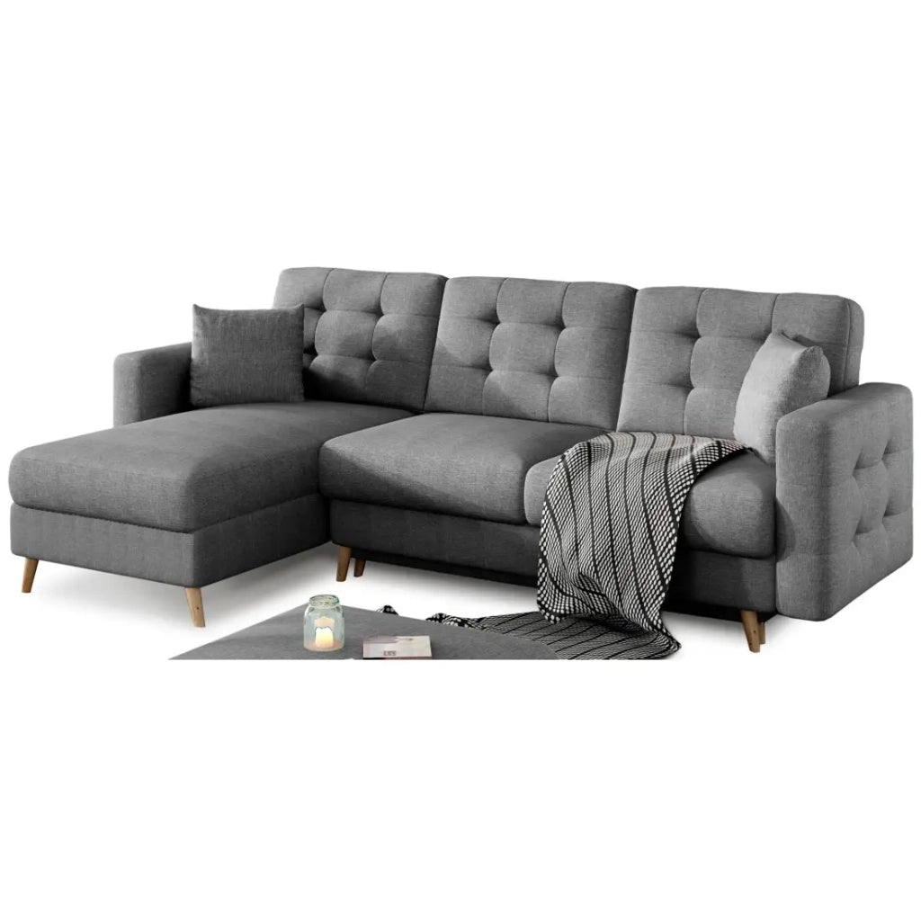 Divano angolare convertibile HASGARD 3 posti grigio scuro 248x162 cm - con contenitore e piedi in legno