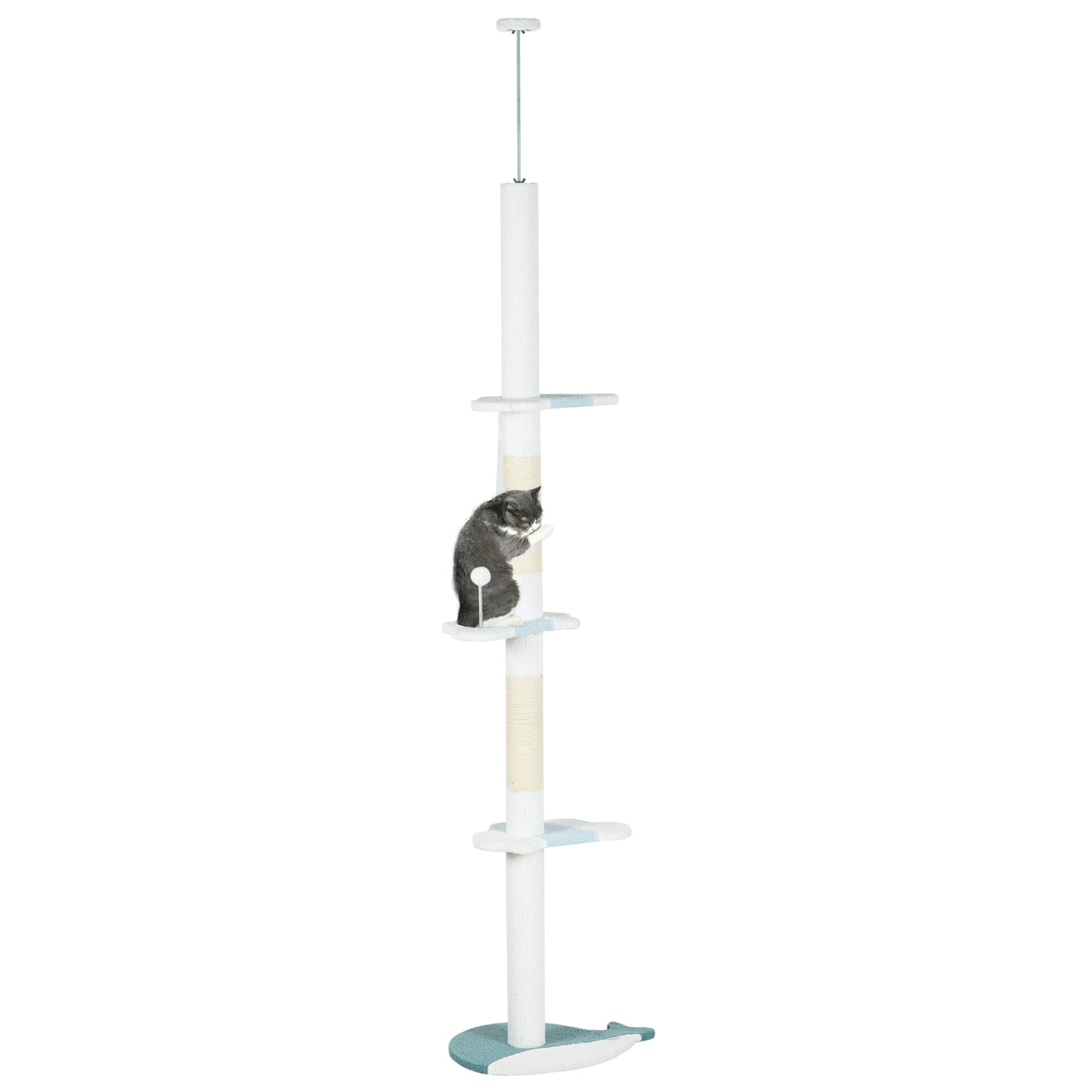 Albero Tiragraffi per Gatti a Soffitto con Palo Regolabile da 225-255 cm in Peluche Bianco