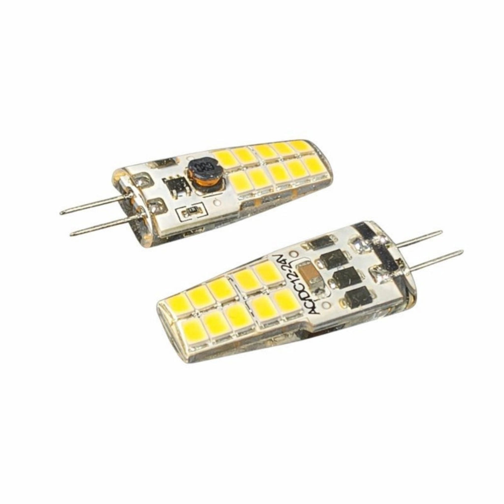 2 Pezzi Lampadina LED G4 Bispina 10V-30V DC AC 3W 12V e 24V Bianco Caldo 3000K 20 SMD 2835 Cilindro Silicone