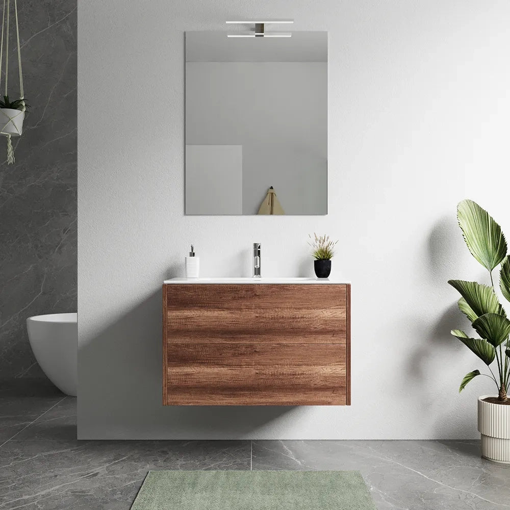 Mobile bagno sospeso 100cm due cassetti apertura push&pull rovere barok con lavabo | Galdor