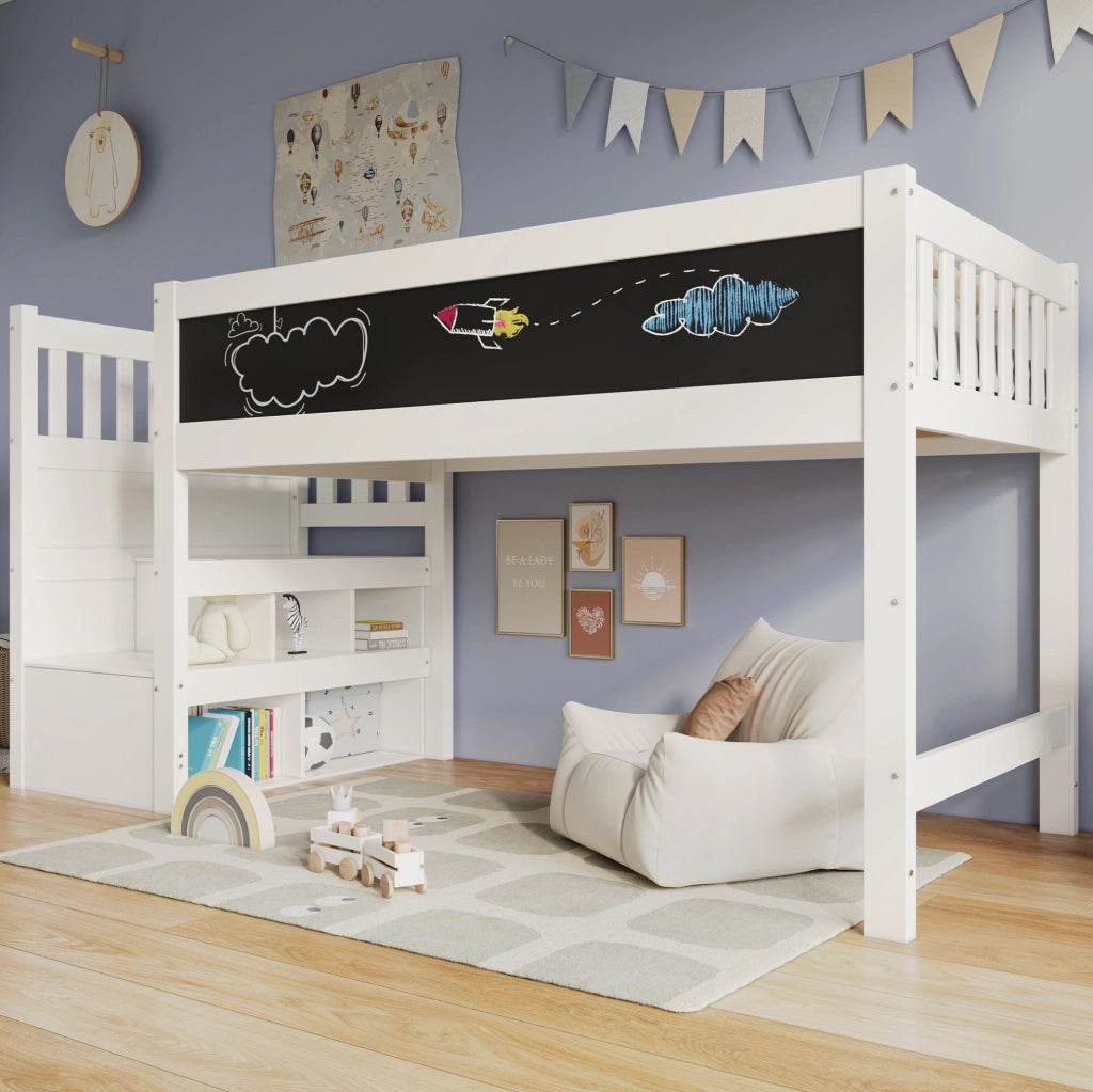 Letto a soppalco per bambini 90x200 cm bianco con scala contenitore