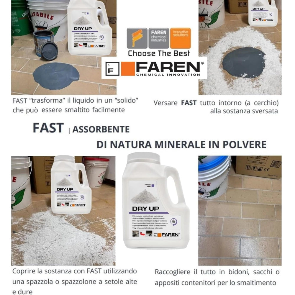 Faren dry up polvere assorbente ecologica ideale per olio, vernici, acidi 900gr.