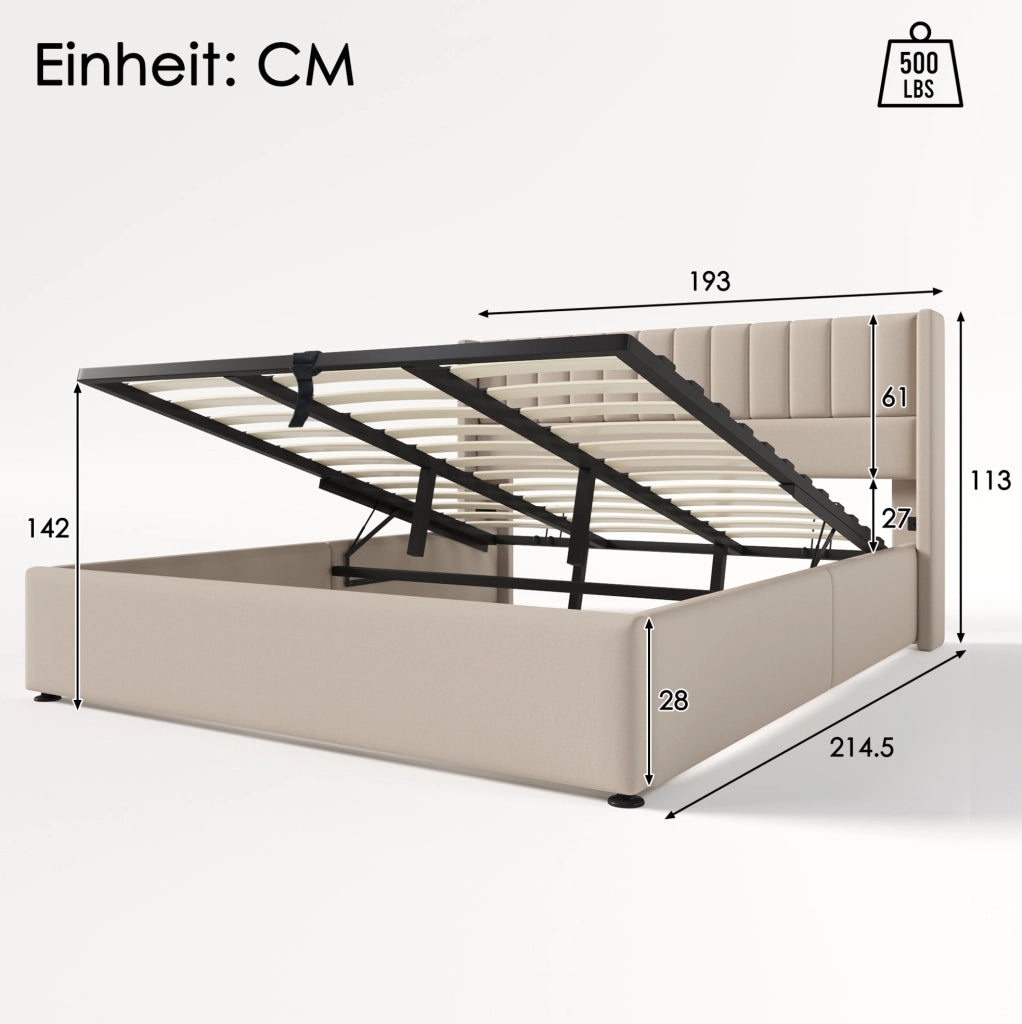 Letto matrimoniale contenitore 180x200 cm con apertura idraulica; lino; beige