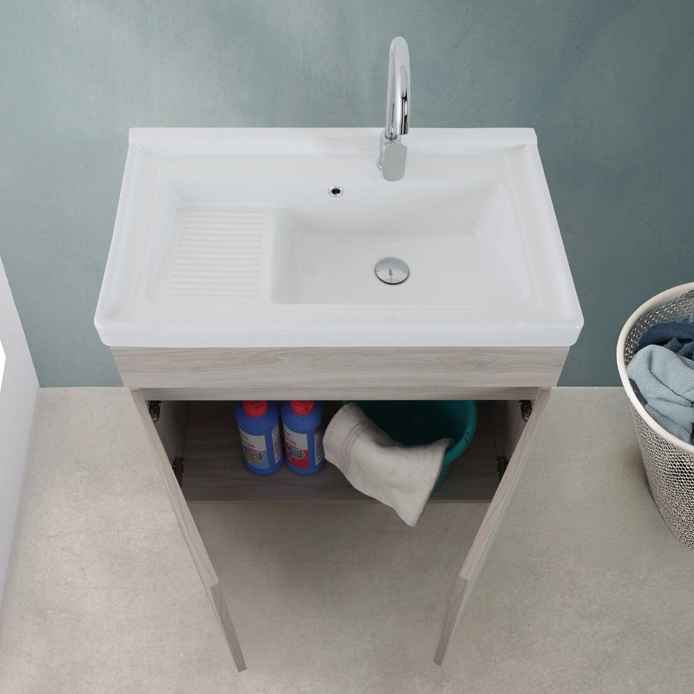 Mobile lavatoio 79x46,8 cm rovere grigio con vasca in ceramica bianca