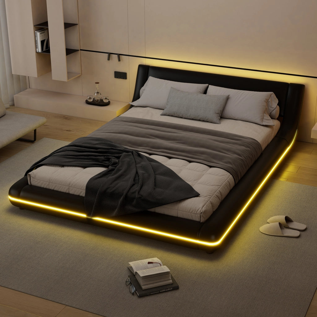 Letto basso 140 x 200 cm in PU e MDF con illuminazione LED regolabile; nero