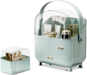 Organizzatore di trucco portatile, scatola di cosmetici, cassetta di conservazione cosmetica con coperchio impermeabile, organizzatore di bellezza con 2 ripiani e maniglia, ripiano, cosmetici, 180 gradi girevole (verde chiaro)