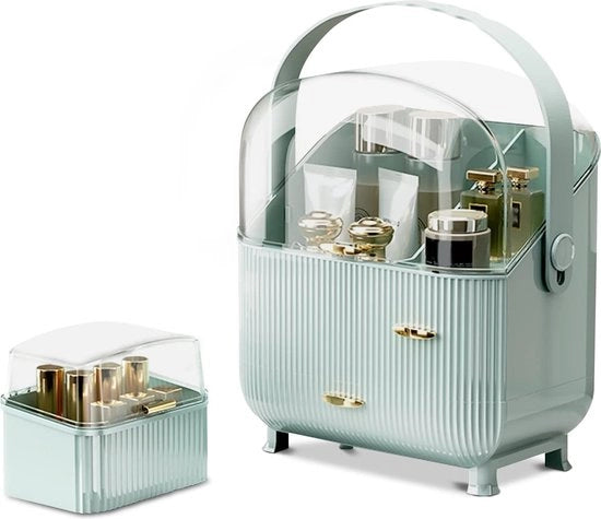 Organizzatore di trucco portatile, scatola di cosmetici, cassetta di conservazione cosmetica con coperchio impermeabile, organizzatore di bellezza con 2 ripiani e maniglia, ripiano, cosmetici, 180 gradi girevole (verde chiaro)