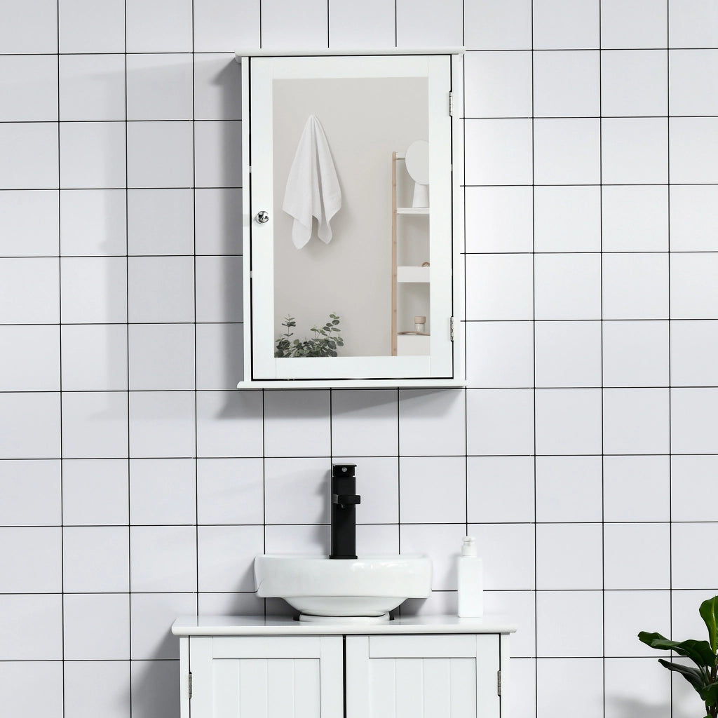 Specchio Bagno Contenitore con Anta Magnetica, Mobile Bagno con Specchio, Ripiano Regolabile, Bianco