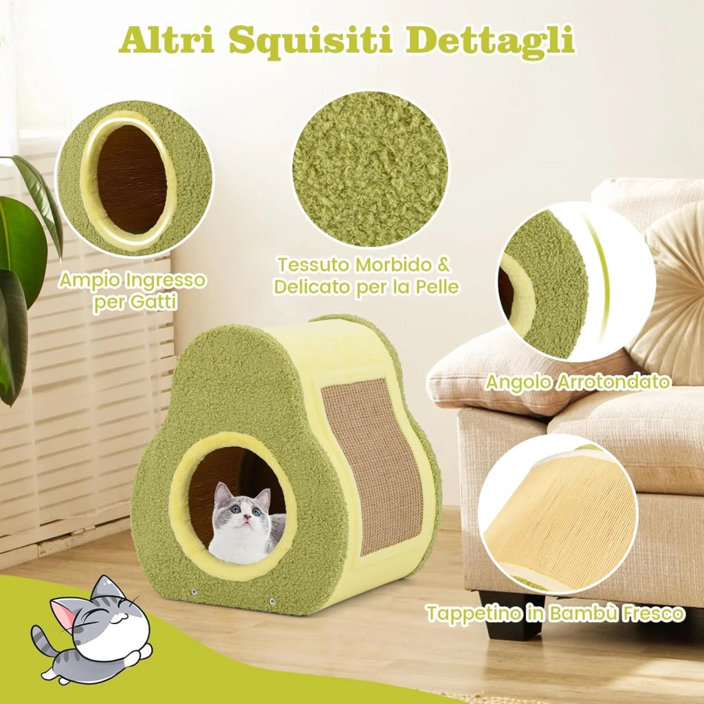 Cuccia per Gatti da Interno Forma di Avocado, Casetta per Gatti Morbida con Tessuto Delicato e Parete di Bambù, Nido per Gatti con Tavola di Juta all’Esterno, 35 x 33 x 40 cm