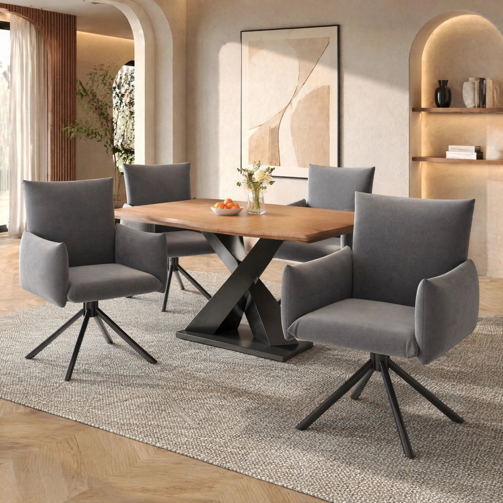 Set di 4 sedie girevoli imbottite in velluto grigio con braccioli e gambe in metallo