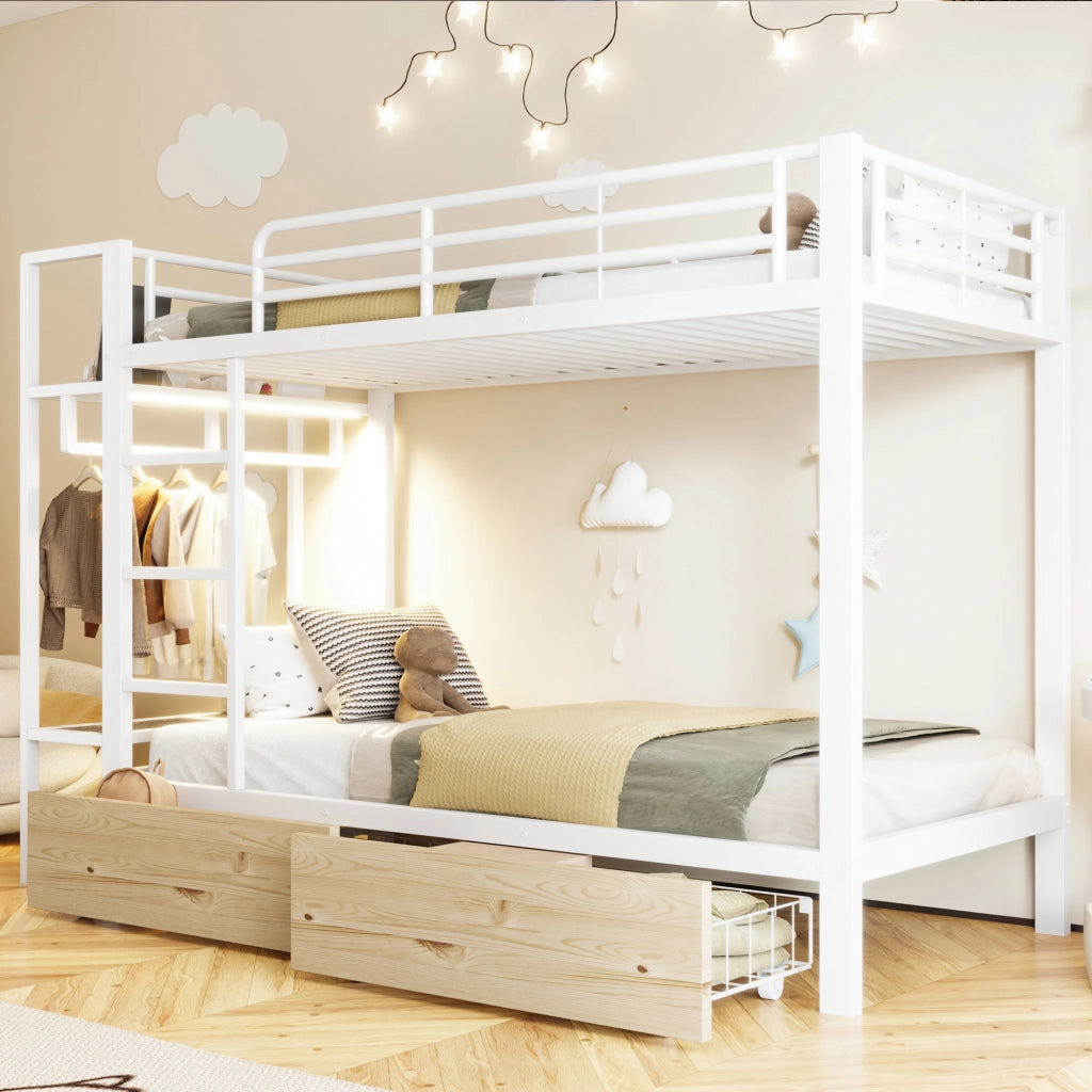 DESMIU Letto a castello 1 posto con 2 cassetti, mensole, barra appendiabiti e LED 90 × 200 cm, senza materasso