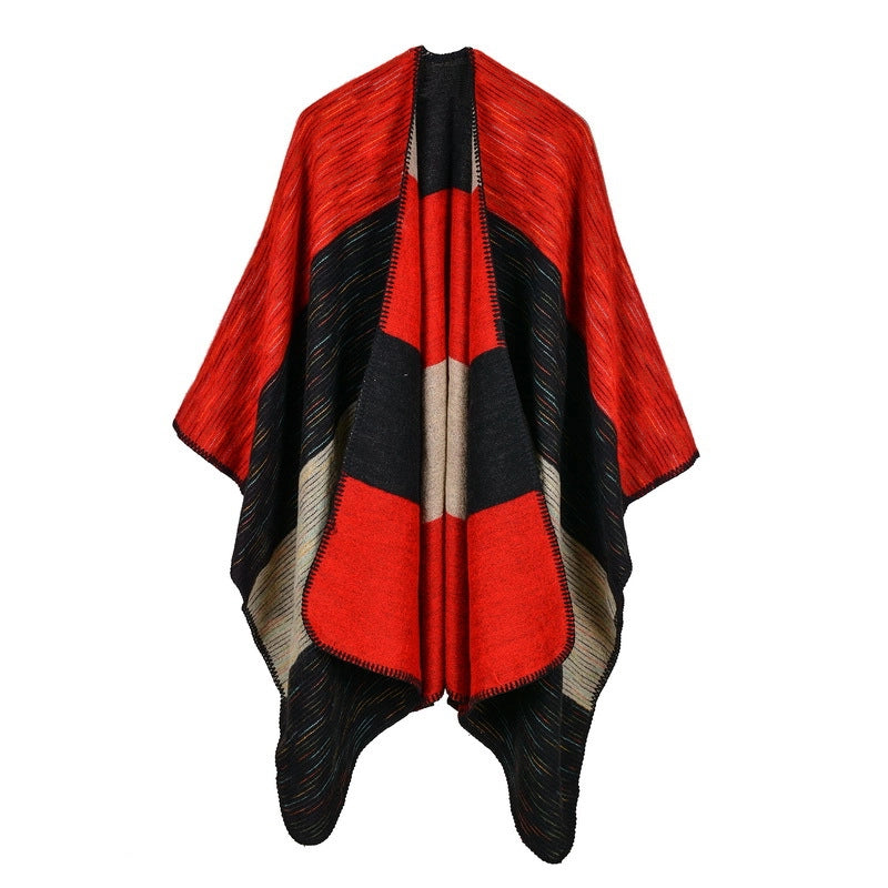 Elegante scialle a due vie con larghe righe arcobaleno, spesso e vaporoso, perfetto per l'autunno e l'inverno.