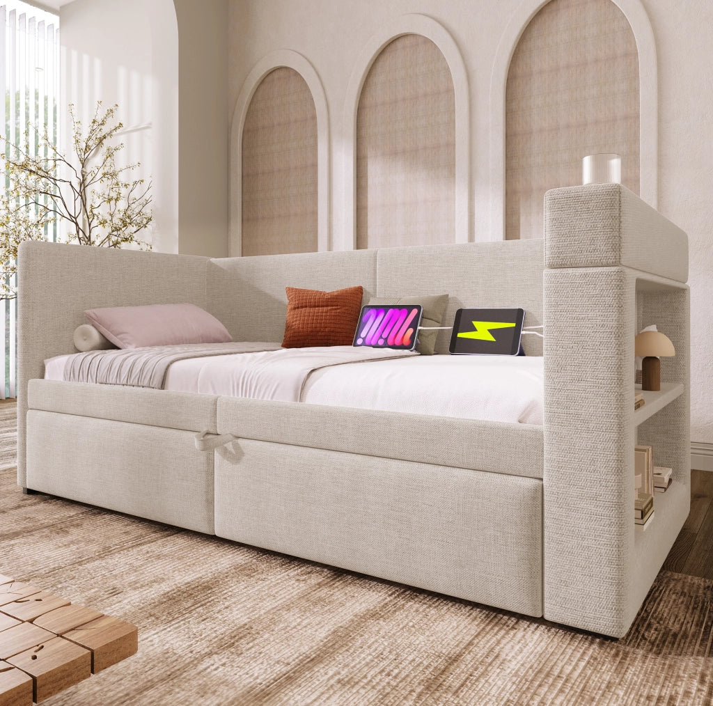 Divano letto con letto estraibile 90x200 cm; cotone e lino beige; USB e Type-C