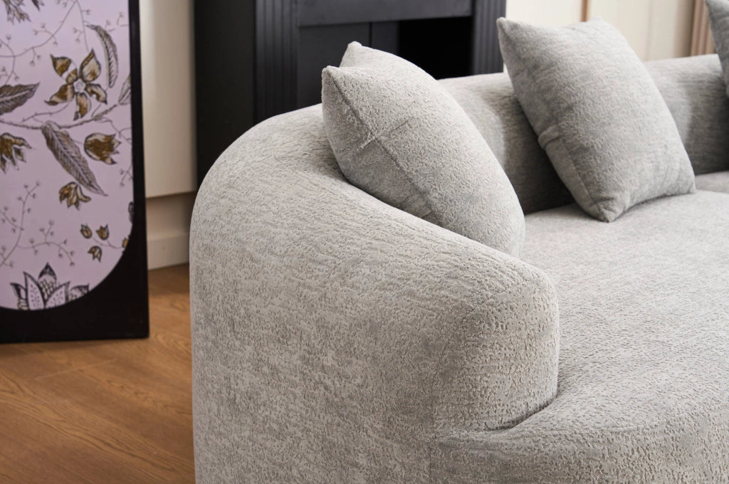 Divano modulare a 4 posti in chenille grigio, design moderno e curvo, senza montaggio