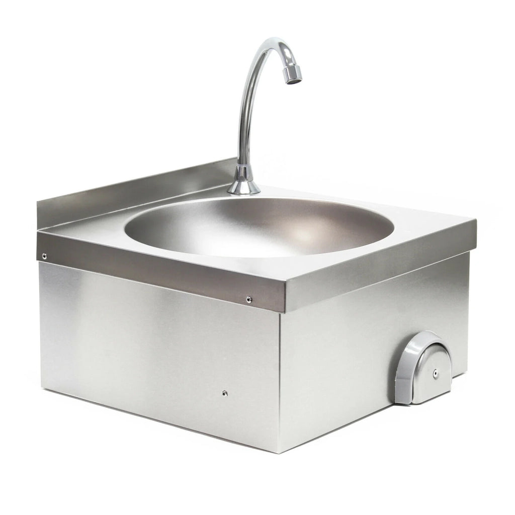 Lavello gastronorm in acciaio inox con vasca rotonda e lavamani azionabile con comando a ginocchio 16_0002397