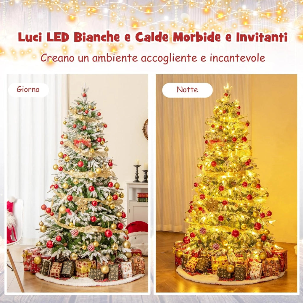 Albero di Natale Artificiale Pre-Luminoso 190 CM, Albero di Natale Innevato con 280 Luci LED Bianche Calde, 765 Punte, 62 Pigne e Base Metallica (190 CM)