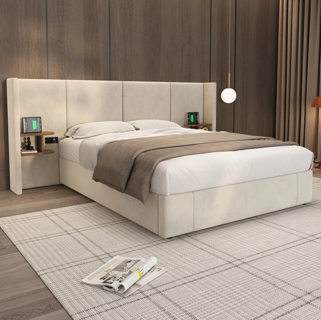 Letto contenitore 160x200 cm beige con USB, prese e comodini