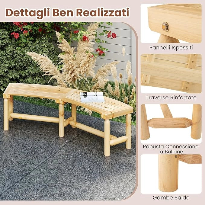 Panchina Curva da Patio, Panchina di Legno Massello per 2-3 Persone, Panca da Fuoco Senza Schienale per Esterni, Giardino e Bordo Piscina, Portata 360 kg (Naturale)
