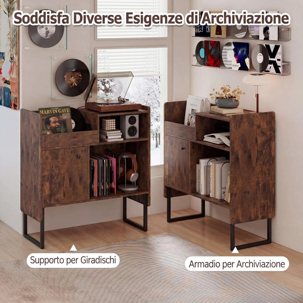 Mobile Giradischi con Stazione di Ricarica, Supporto Porta Vinili e Dischi, Tavolino con Armadietto e Scomparti Aperti, Stile Vintage, in Legno e Metallo, 80 x 35,5 x 85,5 cm