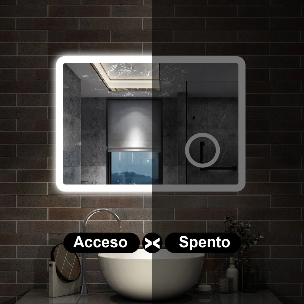 specchio rettangolare 80x60 cm con luce dimmerabile a 3 colori, bluetooth, antiappannamento e ingranditore 3x